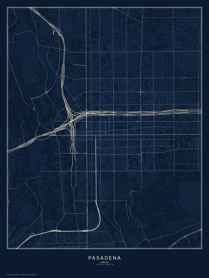 Pasadena map poster, midnight style