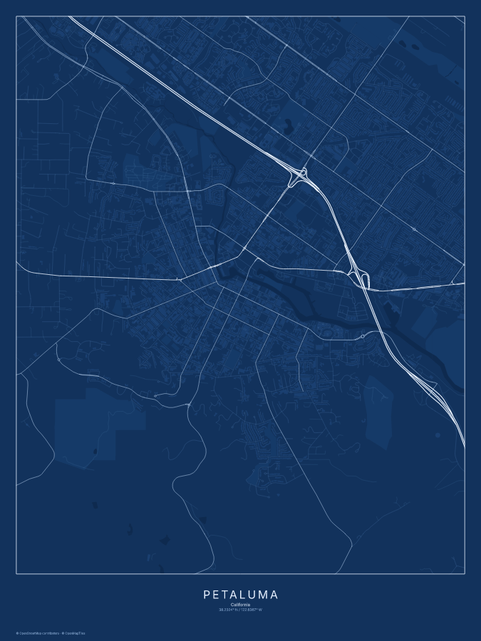 Petaluma map poster, blueprint style