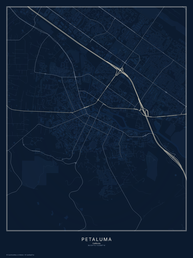 Petaluma map poster, midnight style