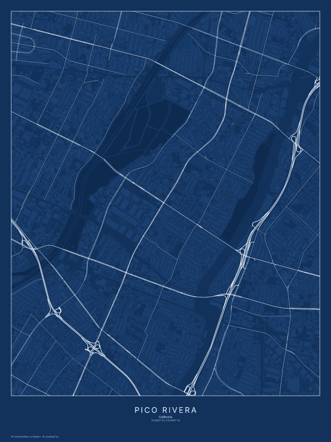 Pico Rivera map poster, blueprint style