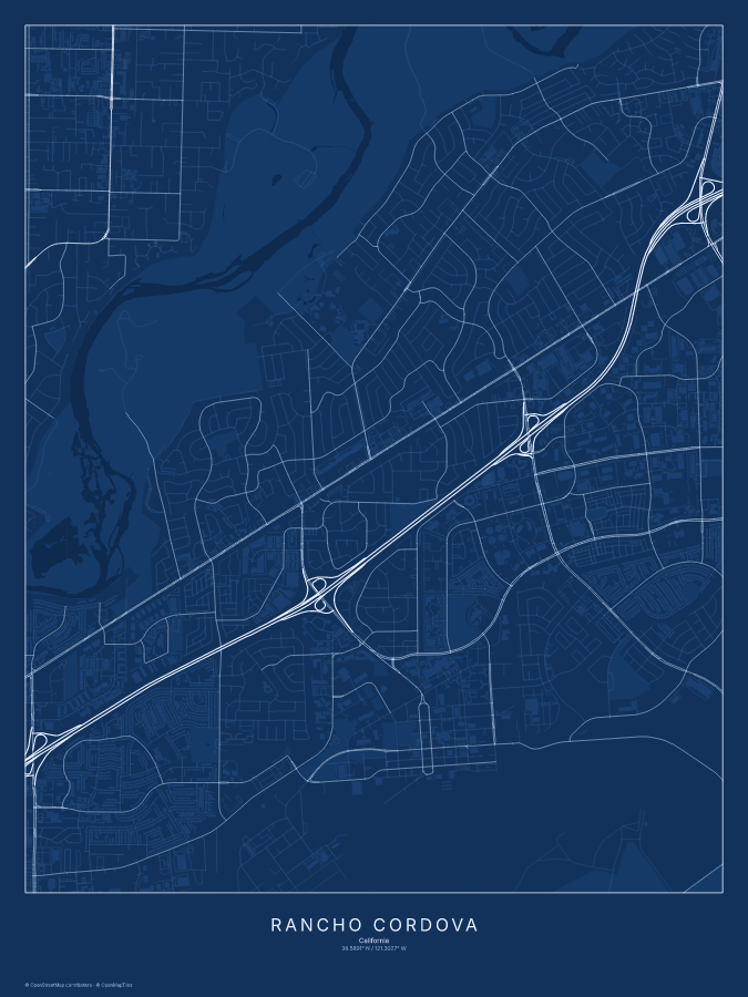 Rancho Cordova map poster, blueprint style