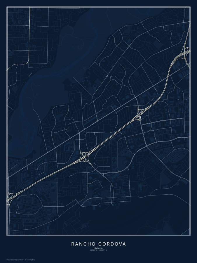 Rancho Cordova map poster, midnight style