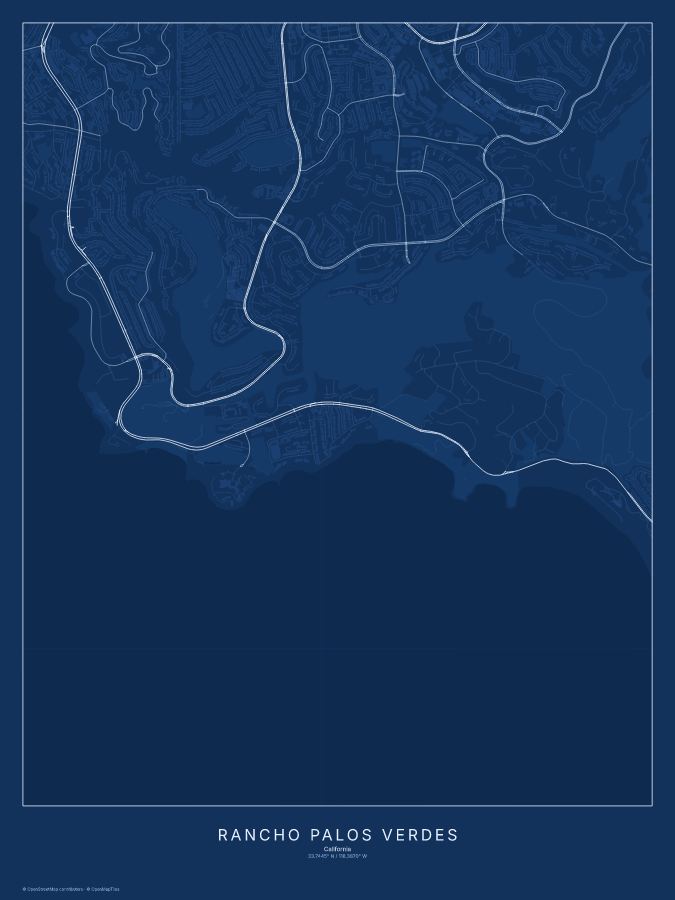 Rancho Palos Verdes map poster, blueprint style