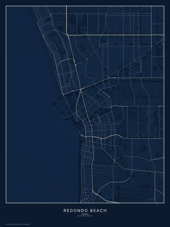 Redondo Beach map poster, midnight style