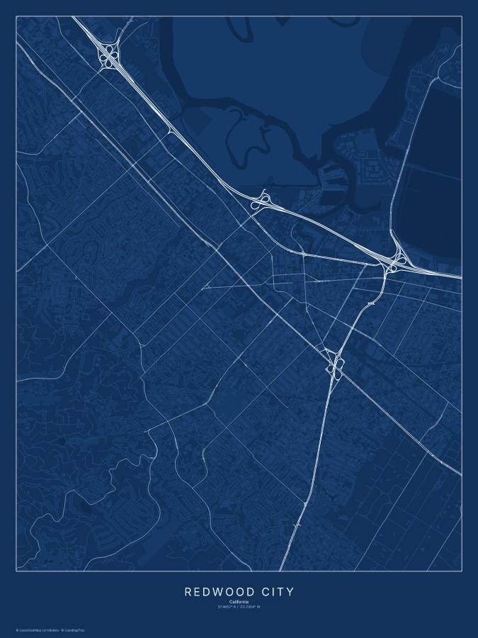 Redwood City map poster, blueprint style