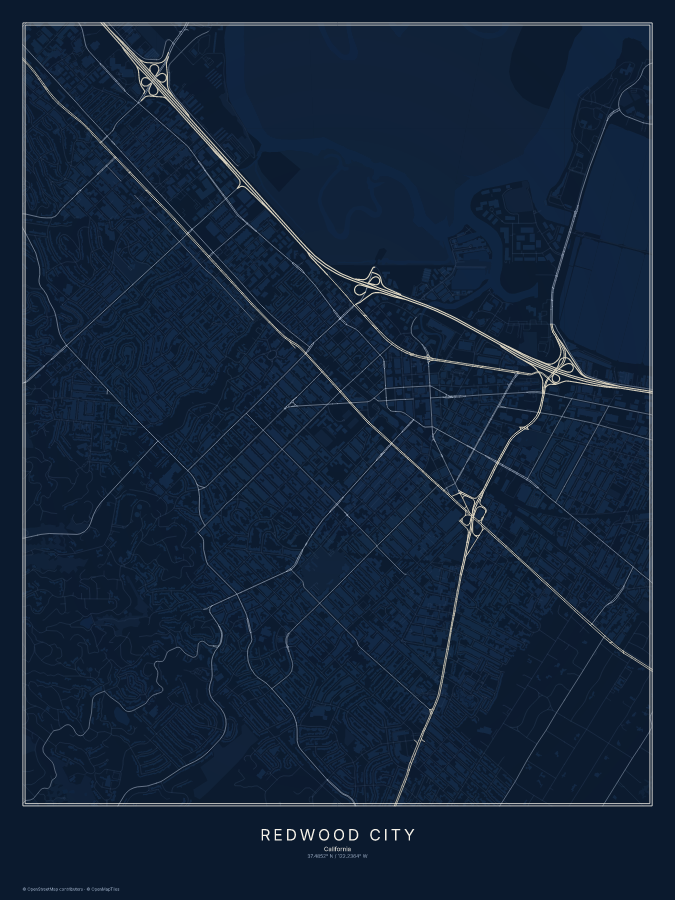 Redwood City map poster, midnight style