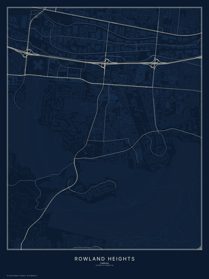 Rowland Heights map poster, midnight style