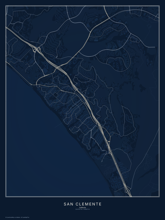 San Clemente map poster, midnight style