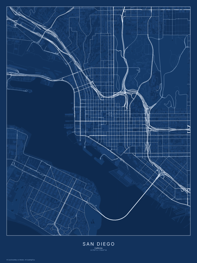 San Diego map poster, blueprint style