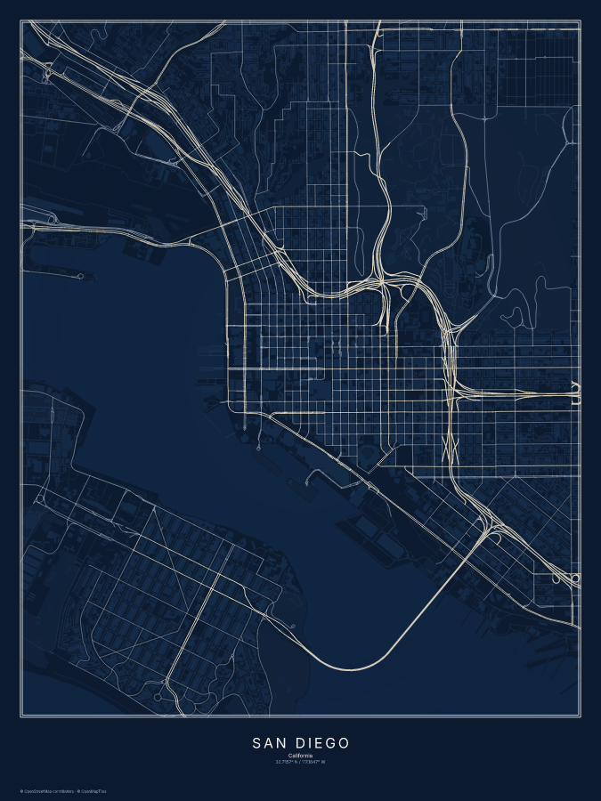 San Diego map poster, midnight style