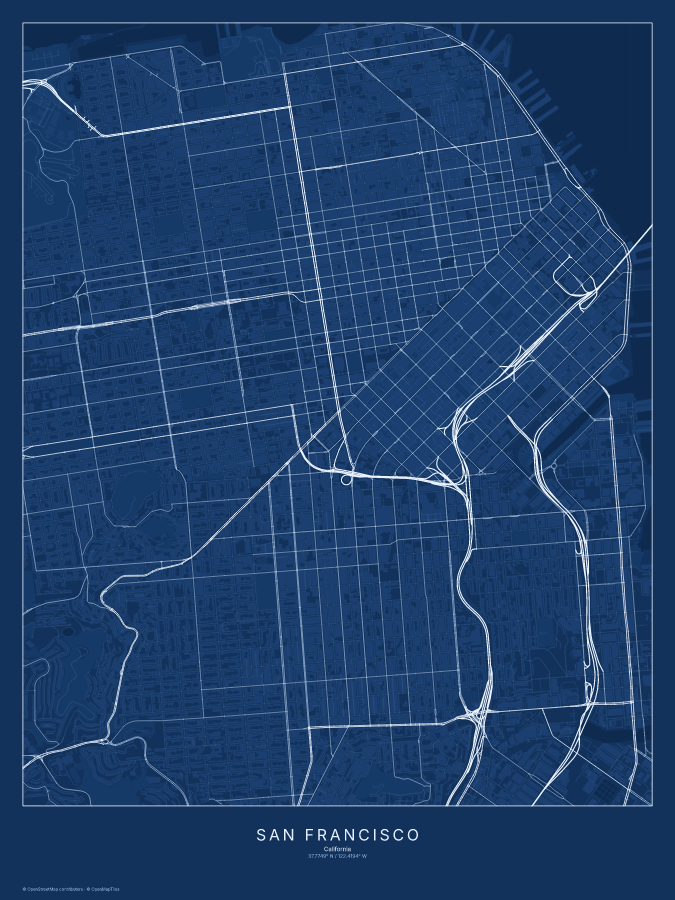 San Francisco map poster, blueprint style