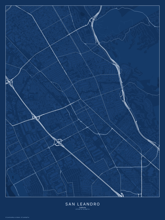 San Leandro map poster, blueprint style