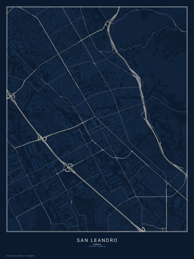 San Leandro map poster, midnight style
