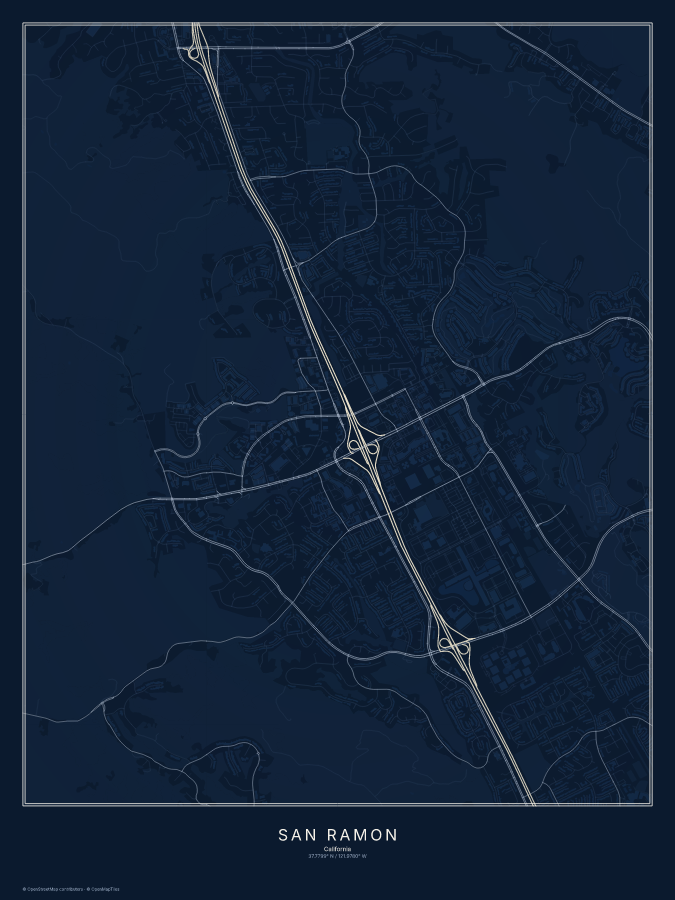 San Ramon map poster, midnight style