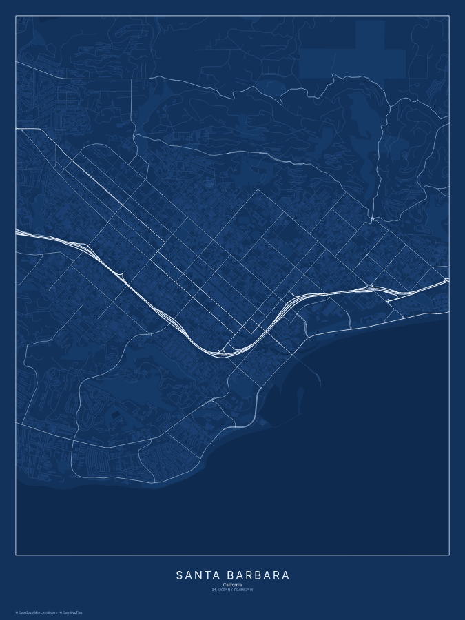 Santa Barbara map poster, blueprint style