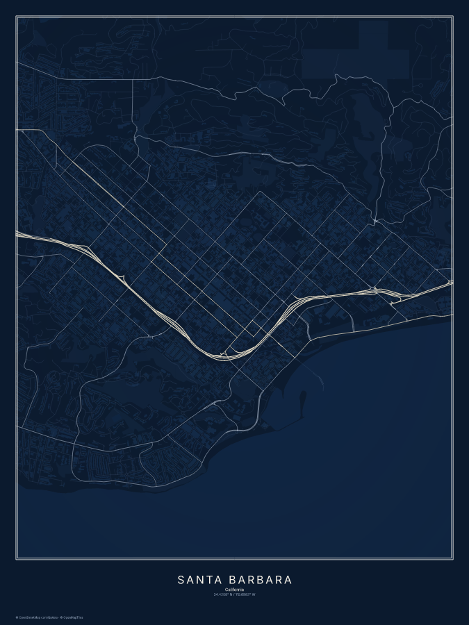 Santa Barbara map poster, midnight style