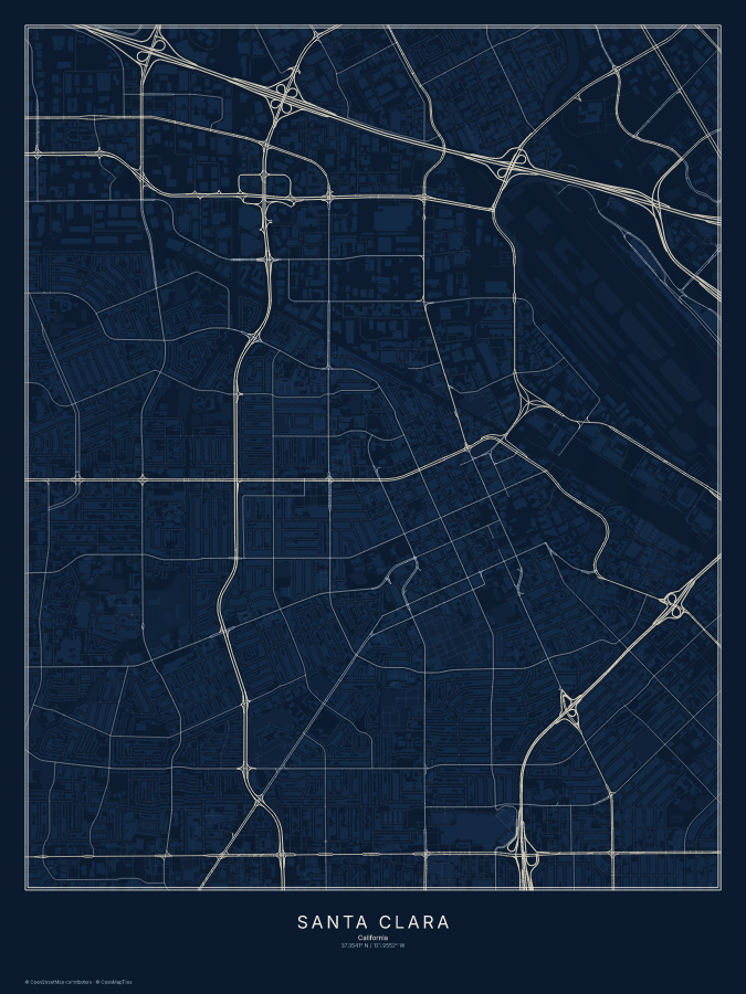Santa Clara map poster, midnight style