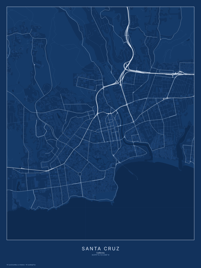 Santa Cruz map poster, blueprint style