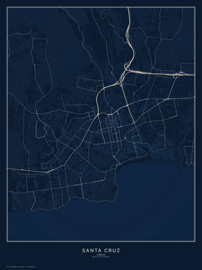 Santa Cruz map poster, midnight style