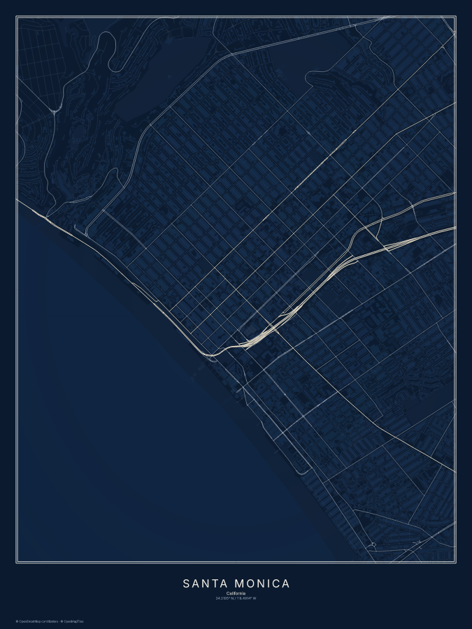 Santa Monica map poster, midnight style