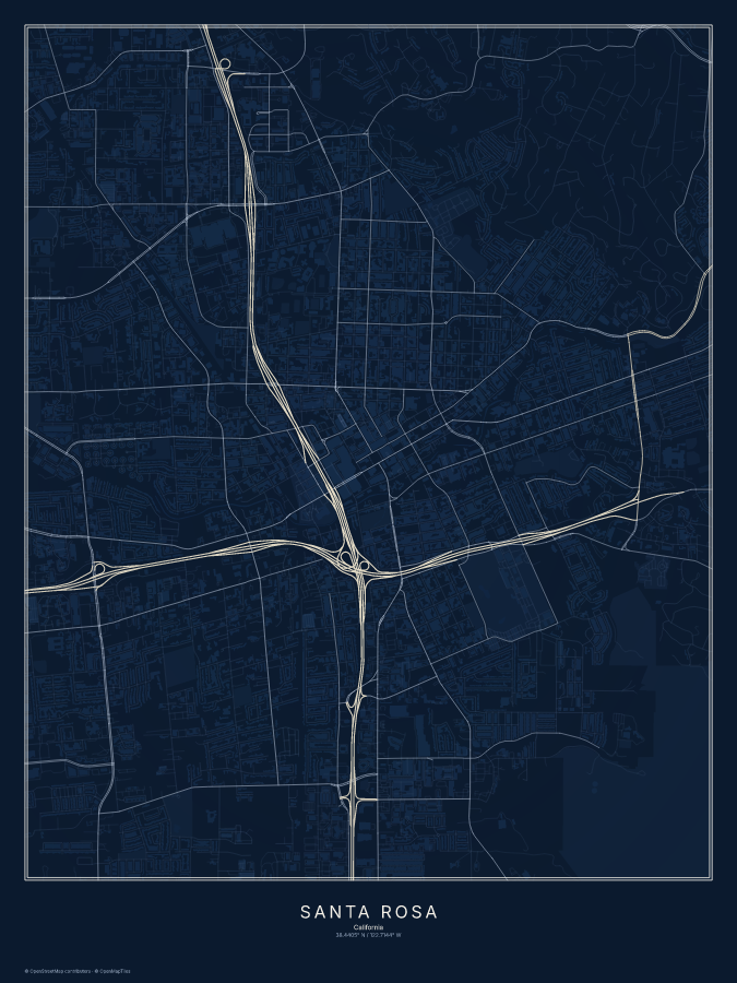 Santa Rosa map poster, midnight style