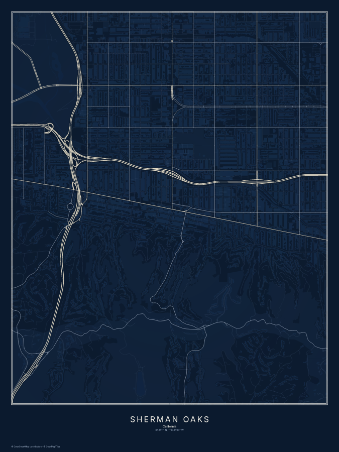 Sherman Oaks map poster, midnight style