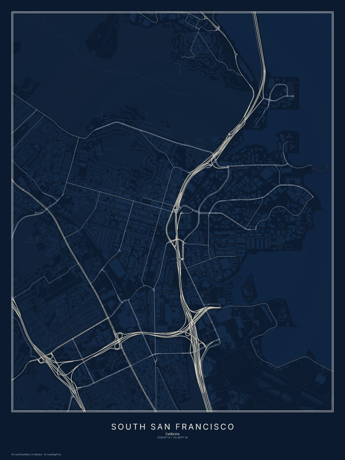 South San Francisco map poster, midnight style
