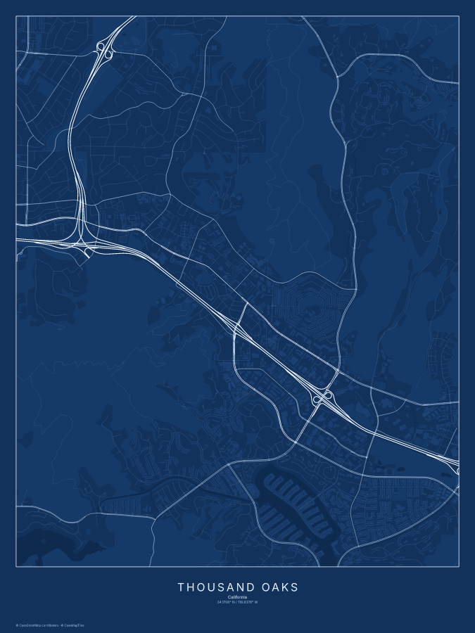 Thousand Oaks map poster, blueprint style