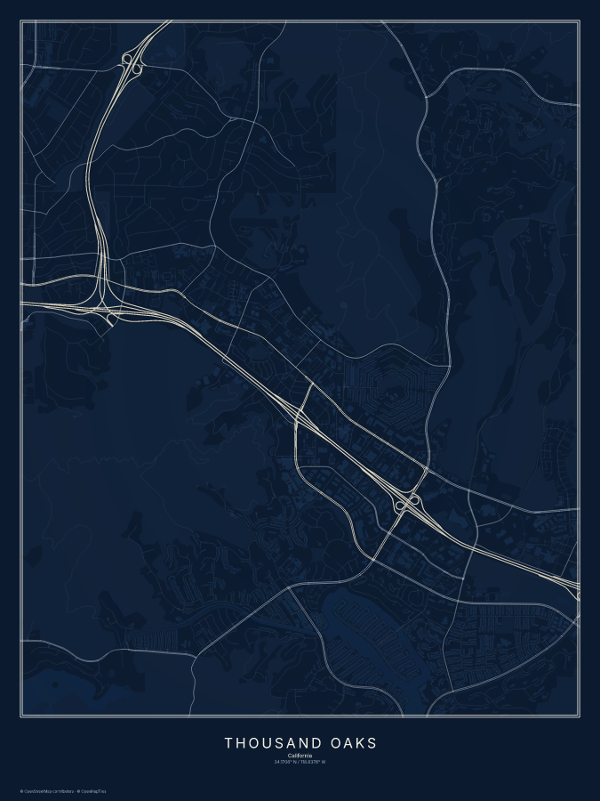 Thousand Oaks map poster, midnight style