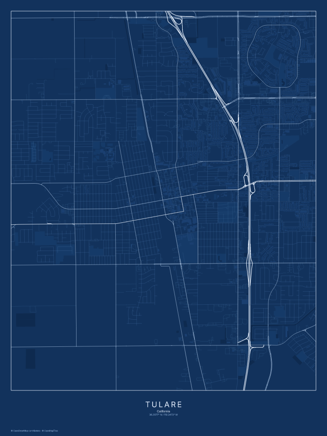 Tulare map poster, blueprint style