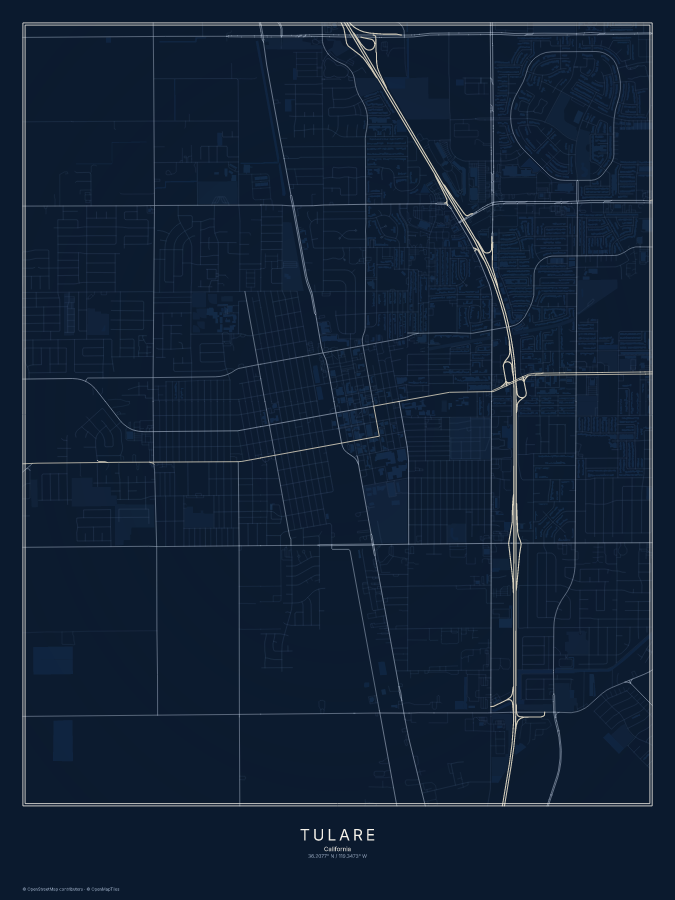 Tulare map poster, midnight style