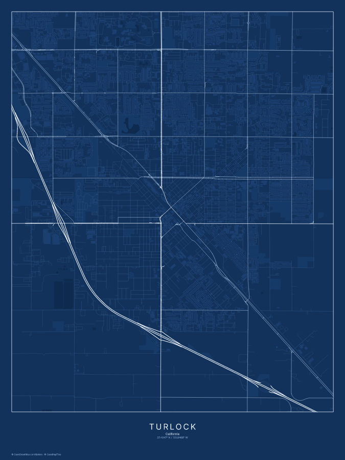 Turlock map poster, blueprint style