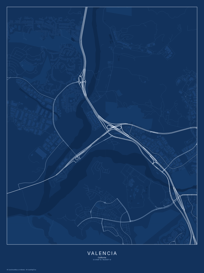 Valencia map poster, blueprint style