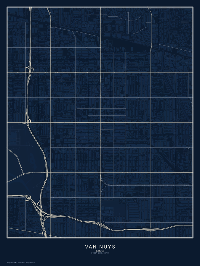 Van Nuys map poster, midnight style