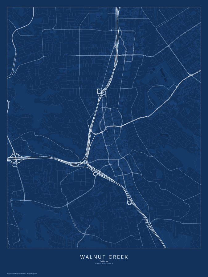 Walnut Creek map poster, blueprint style