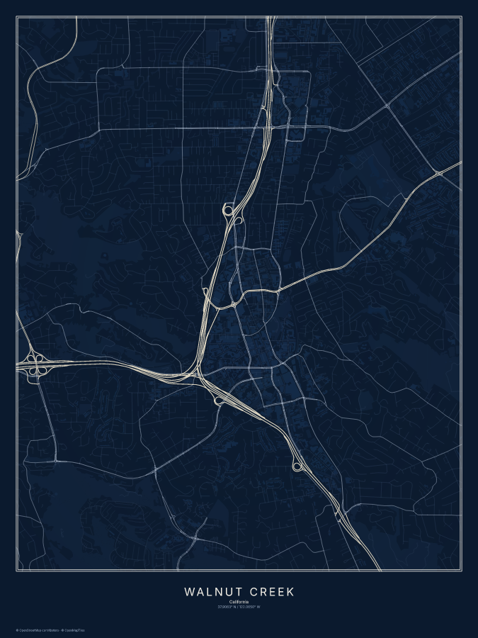Walnut Creek map poster, midnight style