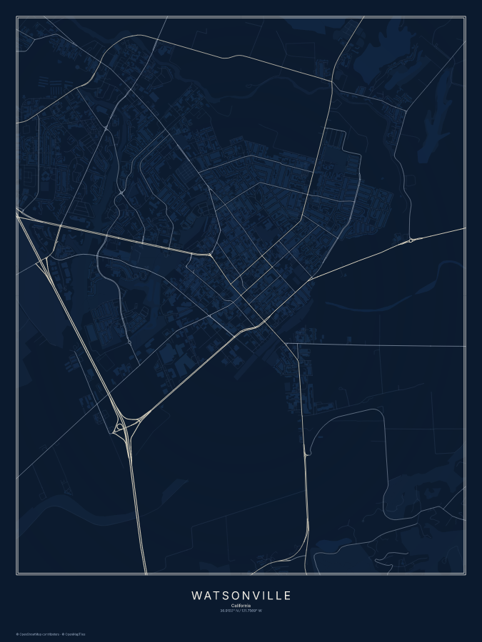 Watsonville map poster, midnight style