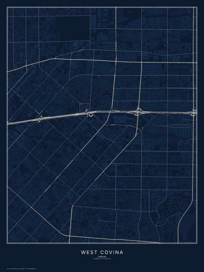 West Covina map poster, midnight style