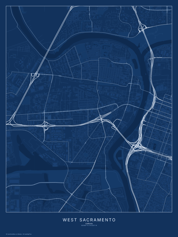 West Sacramento map poster, blueprint style
