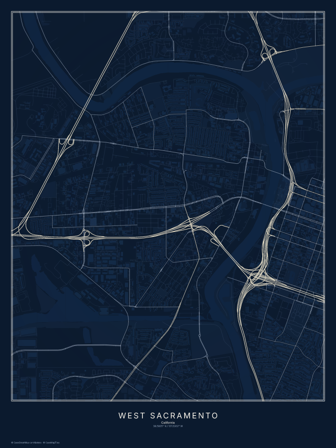 West Sacramento map poster, midnight style