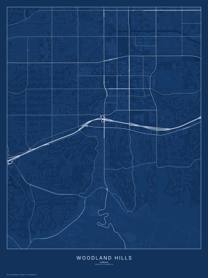 Woodland Hills map poster, blueprint style