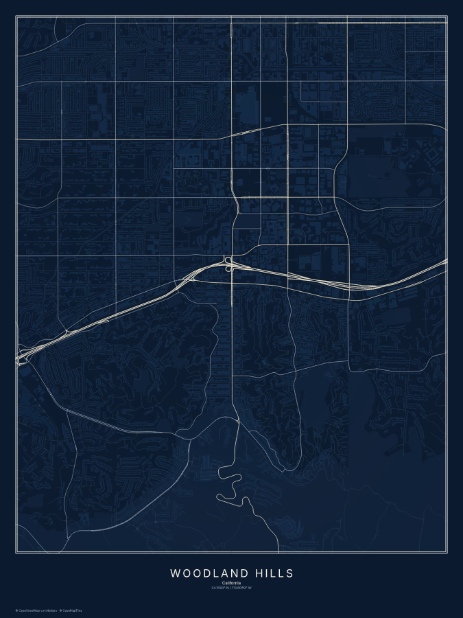 Woodland Hills map poster, midnight style
