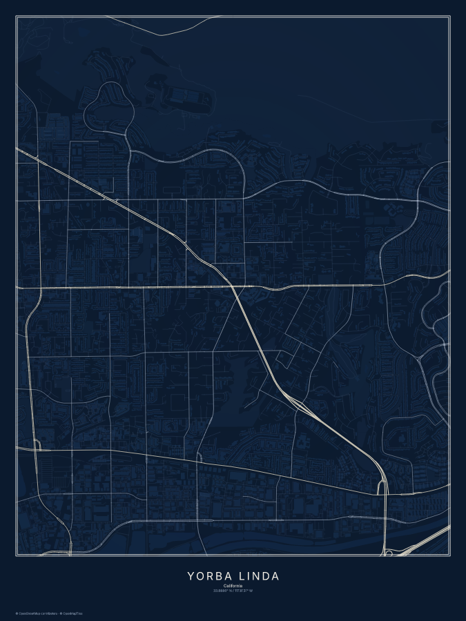 Yorba Linda map poster, midnight style
