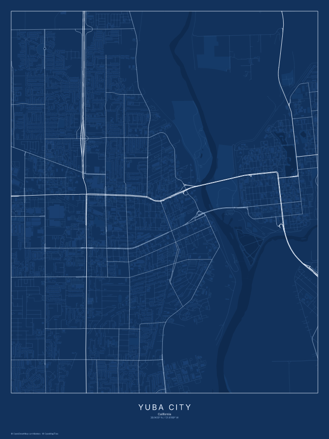 Yuba City map poster, blueprint style