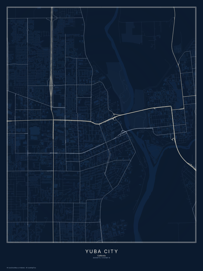 Yuba City map poster, midnight style