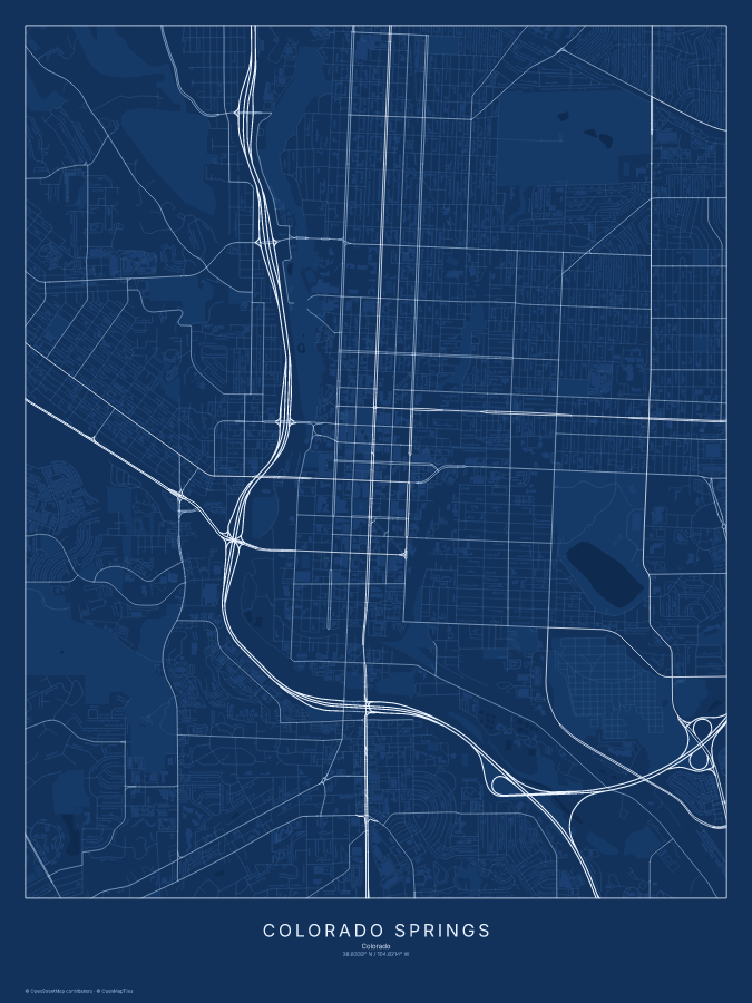 Colorado Springs map poster, blueprint style