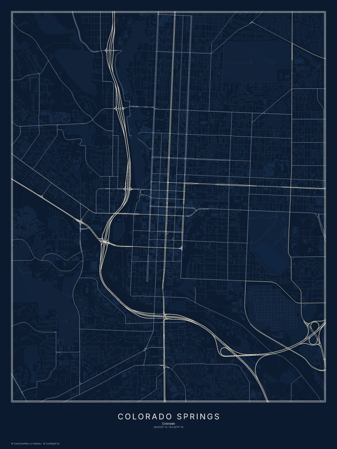 Colorado Springs map poster, midnight style