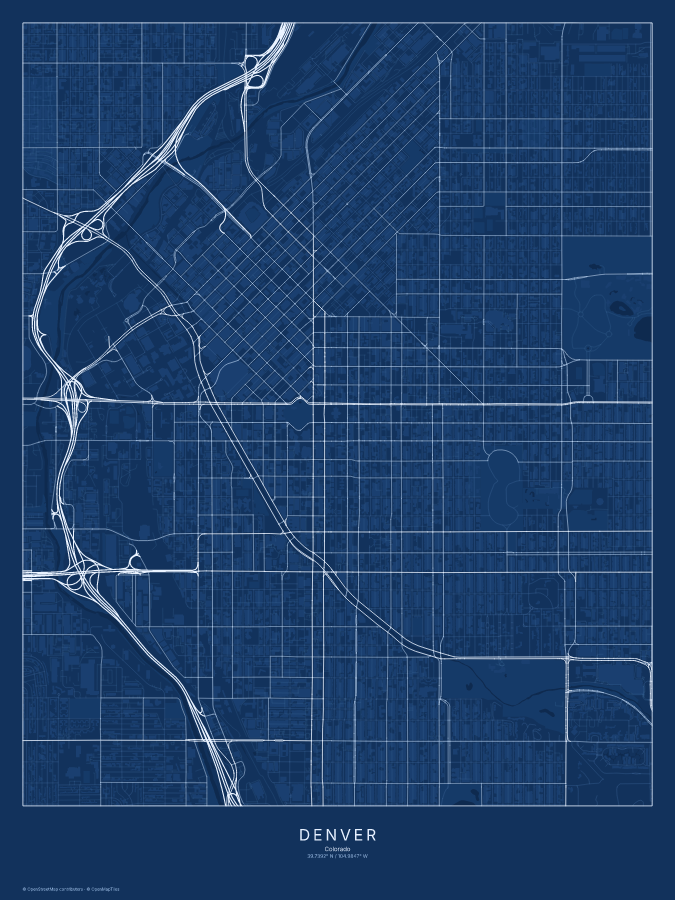 Denver map poster, blueprint style