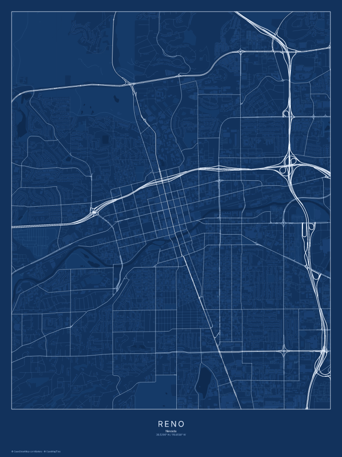 Reno map poster, blueprint style