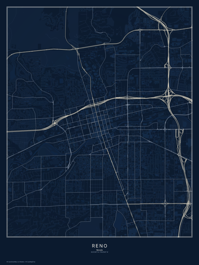 Reno map poster, midnight style